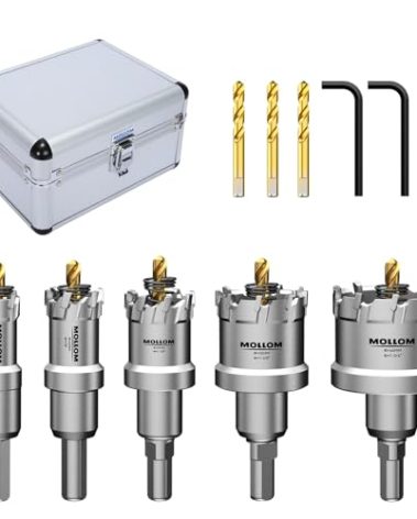 Mollom 5Pcs (16-45mm) TCT Carbide Hole Saw Kit for Hard Metal, 5Pcs Hole Cutters with 3Pcs Extra Pilot Drill bits and 1Pcs Hex Key for Stainless Steel, Iron,Aluminum,Alloy,Metal
