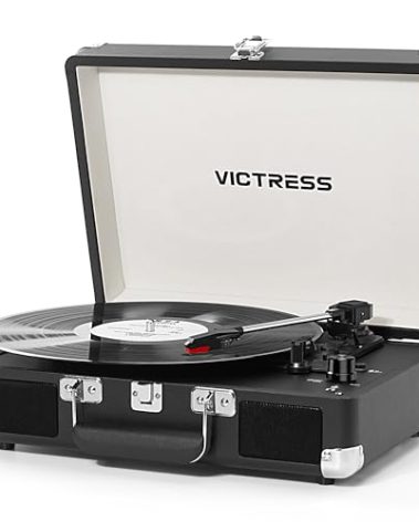 Record Player with Speakers, Bluetooth Vinyl Record Player with Recording, 3 Speed Portable Suitcase LP Player, Belt Drive Turntable, RCA/AUX/Headphone Jack, Black