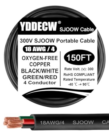 150ft 18/4 18 AWG Portable Power Cable (4 Conductor) - SJOOW 300V 18 Gauge Electric Wire for Motor Leads, Portable Lights, Battery Chargers and Machinery - 4 Conductor - 150 Feet Electrical Cord