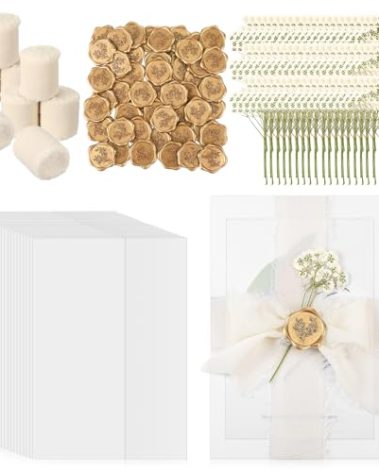 Fuyoooo 50 Sets Wedding Invitations Wraps Set Pre Folded Vellum Jackets for 5 x 7 Invitations Self Adhesive Gold Wax Seal Stickers Dried Baby's Breath Flowers Chiffon Silk Ribbon for Craft DIY