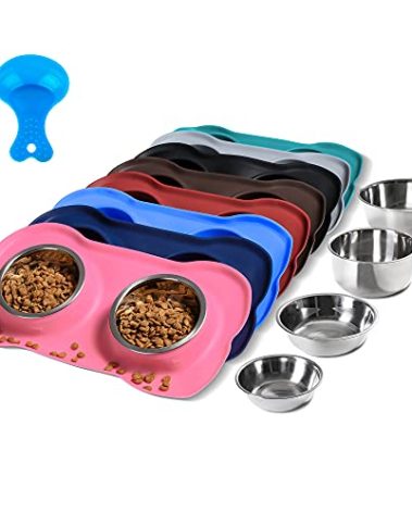 Hubulk Pet Dog Bowls 2 Stainless Steel Dog Bowl with No Spill Non-Skid Silicone Mat + Pet Food Scoop Water and Food Feeder Bowls for Feeding Small Medium Large Dogs Cats Puppies (S, Pink)