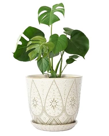 Gepege 10 Inch Plant Pot, Creamy White Ceramic Planter with Drainage Holes and Saucers for Plants Indoor and Outdoor Flower Pot