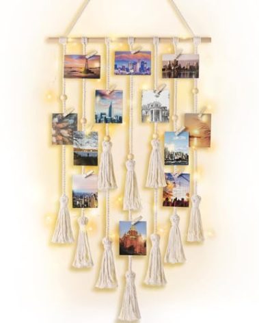 Mkono Hanging Photo Display Boho Macrame Wall Decor with Light, Teen Girl Teenage Gifts, Pictures Cards Frame Holder Art Hanger for Christmas Birthday Party Bedroom Dorm, with 30 Wood Clips, Ivory