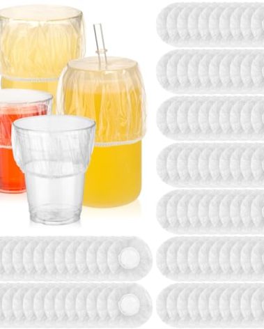 Baderke 100 Pcs Scrunchie Drink Covers - Bulk Disposable Plastic Covers for Cups & Beverages - Stretchable (Clear)