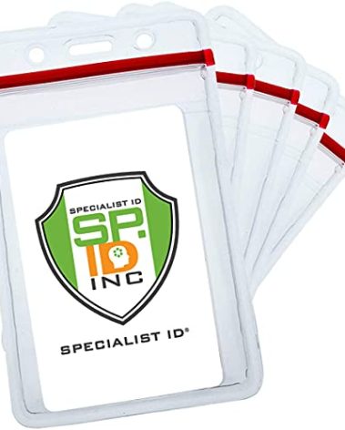 Bulk 100 Pack - Heavy Duty Clear Vinyl Badge Holders for Vertical Name Badges - Great for Employee or Student ID Card - Water Resistant Sleeves w Red Resealable Top for Multiple Cards by Specialist ID