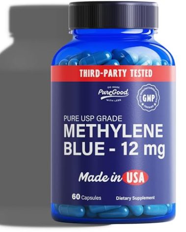 PureGood Pharmaceutical Grade Methylene Blue Capsules (60 Count 12mg Capsules), Third-Party Tested USP-Grade MB for Humans, Formaldehyde and Alcohol Free Pills in Amber Bottle
