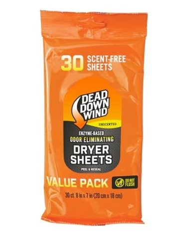 DEAD DOWN WIND Scent Killing Dryer Sheets (30Ct) – Odor Removing Sheet – Durable Hunting Scent Eliminators – Advanced Hunting Laundry Gear