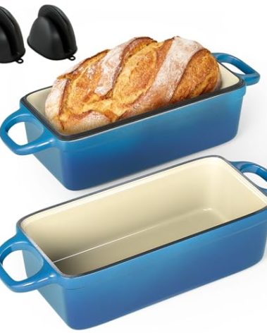 2 IN 1 Cast Iron Bread Loaf Pan with Lid, 3.4QT 9x5 Inch Dutch Oven for Bread Baking, Even Heating Bread Oven, Enameled Bread Pan for Homemade Sourdough Bread Baking & Versatile Cooking, Blue