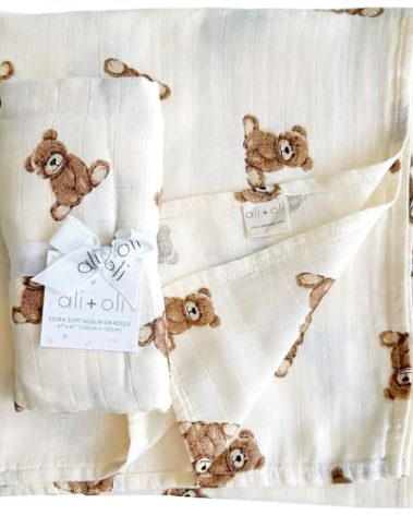 Ali+Oli Muslin Swaddle Blanket for Baby (Teddy Bear) Large 47" x 47" Soft Rayon Made from Bamboo & Organic Cotton, Machine Washable Receiving Blanket Wrap for Newborn to Toddler