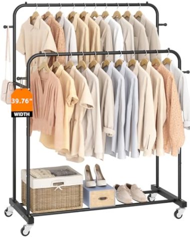 Laiensia Double Rods Garment Rack with Wheels, Clothing Rack for Hanging Clothes,4 Hooks, Multi-functional Bedroom Clothes Rack, Black