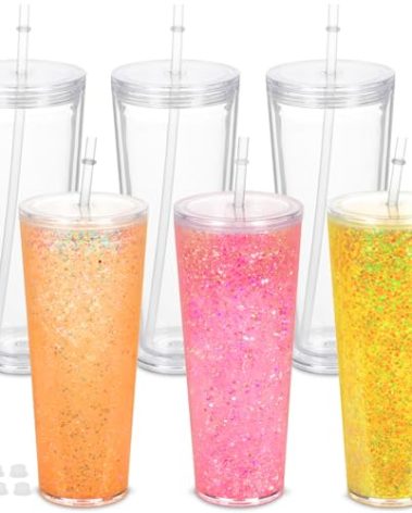Micellwuu 6 Pack 24Oz Snow Globe Tumblers, Double Wall Acrylic Snowglobe Cup with Pre Drilled Hole, Lids, Straws and Plug, Reusable Clear Plastic Tumbler for Snow Globe Glitter DIY
