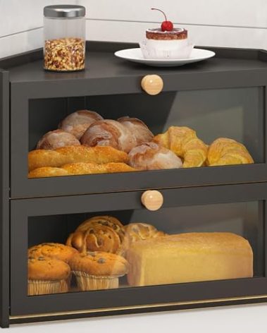 JANSNIMEN Black Corner Bread Box for Kitchen Countertop, Large Bread Container Storage Bamboo Wooden Farmhouse Bread Box with Window Bread Holder