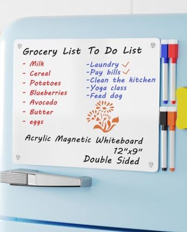 Magnetic Whiteboard Fridge Dry Erase Board, Acrylic Glossy White Planning Board for Refrigerator, 12"x9" Small Double Sided Notepad Memo to Do/Grocery List, Include 1 Eraser, 4 Markers
