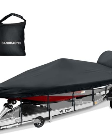 Caminor Boat Cover 20-22ft, Bass Tracker Boat Cover with Sand Bag Mooring Kit,1200D Marine Canvas Waterproof Heavy Duty Boat Covers for 20 feet 21ft 22' Foot V Hull Bass & Runabout Boat,Black