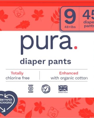 Pura Hypoallergenic Diaper Pants Size 9 (48+ lbs) Overnight, up to 12 Hours Leak Protection, Suitable for Sensitive Skin, Totally Chlorine Free, Soft Organic Cotton, 3 Packs of 15 (45 Pull Up Pants)