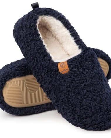EverFoams Women’s Soft Curly Full Slippers Memory Foam Lightweight House Shoes Cozy Loafer with Polar Fleece Lining Dark Navy,5-6 US