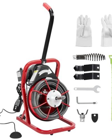 Drain Cleaner Machine, 50 Ft X 3/8 Inch Professional Automatic Electric Drain Auger for 1 to 4 Inch Pipes, Portable Electric Drain Snake with 4 Cutters & Foot Switch and Pair of Gloves