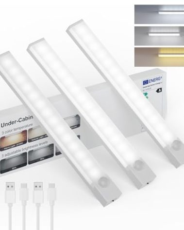 Rihvy Under Cabinet Lighting 8 Inches Rechargeable Motion Sensor Light Indoor, 3 Color Dimmable Closet Light Battery Operated, USB Stick on LED Magnetic Under Counter Lights for Kitchen Stair, 3 Packs