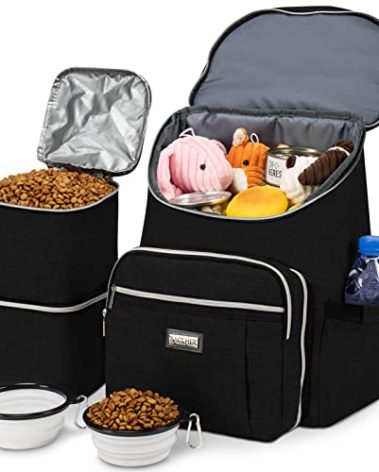 BAGLHER Travel Dog Backpack - Detachable Travel Dog Food Container for Pet Supplies Dog Gear Backpack,Dog Bag for Traveling with 2 Silicone Collapsible Bowls and 2 Food Baskets Black