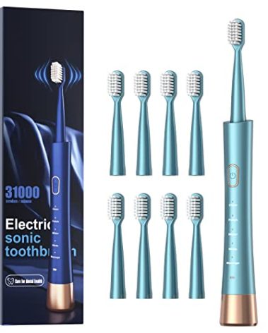 AJELU USB Rechargeable Sonic Electric Toothbrush for Adults, Powered Motor High Vibration Teeth & Gum Care, Soft Dupont Brush Heads, 2 Minutes Timer 5 Modes, Green