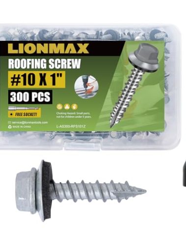 LIONMAX 300-PCS Metal Roofing Screws #10 × 1 Inch, Rustproof Coating Hex Head Sheet Metal to Wood Siding Screw with Rubber Washer, Sharp Point, Hex Socket Included