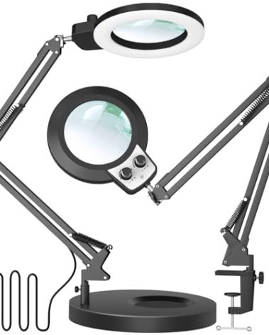 KIRKAS 12X Magnifying Glass with Light and Stand, Any Color Modes & Stepless Brightness LED Magnifying Lamp with Clamp, 2-in-1 Magnifier Glass Lens Desk Lamp for Crafts Hobby Reading Close Work