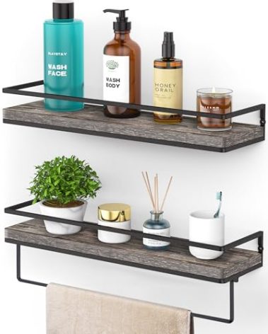 Meangood Floating Shelves Wall Mounted Set of 2, Wall Shelf with Towel Bar Rustic Wood Wall Storage Shelves for Bedroom,Living Room,Bathroom, Kitchen Pine