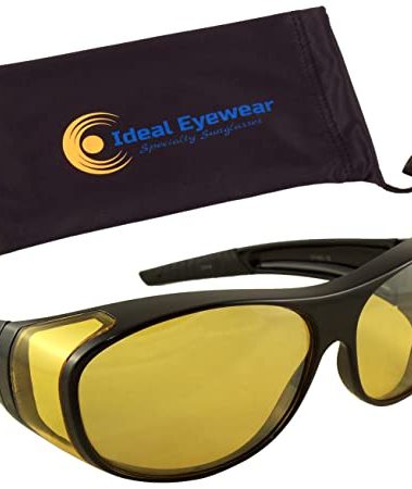Ideal Eyewear Night Driving Wear Over Glasses Yellow Lens Fit Over Glasses (Black Frame with case, Medium)