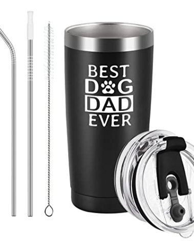 Qtencas Dad Gifts, Best Dog Dad Ever Stainless Steel Insulated Travel Tumbler, Fathers Day Gift for Dad to be New Dad Father Papa from Daughter Sons, Dog Dad Gifts, Dad Christmas Gifts(20oz, Black)