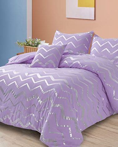 Menghomeus Purple/Silver Comforter Set Full Metallic Print Glitter Bed Comforter Cute Shinny Bedding for Teen Girls Kids Women, 4 Piece (2 Pillowcases, 1 Decorative Pillow Sham)