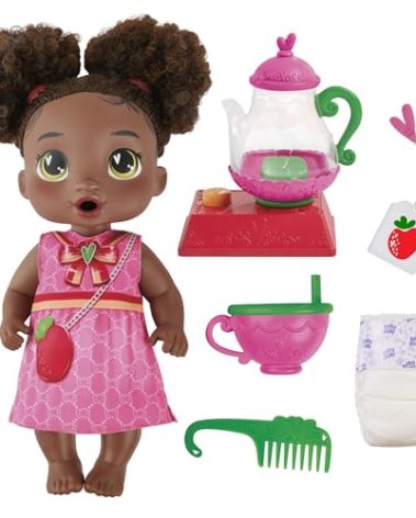 Baby Alive Bubbly Tea Party Berry Boo Doll with Teapot Accessories, Black Hair, 11 Inches, Kids Toys, Ages 3+