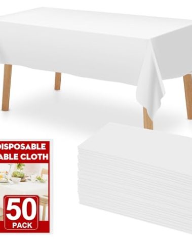 RowinsyDD 50 Pack White Plastic Table Cloths Disposable, 54 x 108 Inches Plastic Table Cover for Rectangle Tables, Disposable Tablecloth for Dinning, Parties, BBQ, Wedding, Outdoor