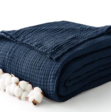 Kozyhvn 100% Cotton Muslin Blanket King 108" x 90", 6 Layers Breathable and Lightweight Cotton Throw Blanket for Bed, Soft Quilt Bedspread Coverlet, Gauze Blanket for Adults All Season, Navy