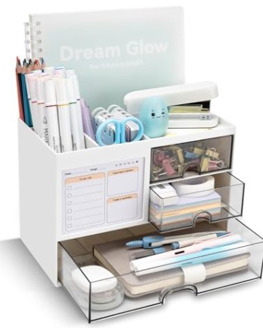 QIYVLOS Desk Organizer with 3 Drawer, Multi-Functional Pencil Pen Holder for Desk, Desk Organizers and Storage with 8 Compartments, Desktop Organizer for Office Home Art Supplies (White)