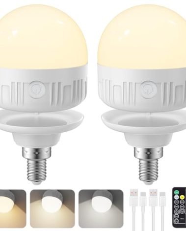 2Packs E12 Rechargeable Light Bulbs with Remote Control, 5W 350lm Magnetically Battery Operated Light Bulbs with 3 Color Temperature, Timer, Dimmer for Non-Hardwired Candle chandeliers Candelabra lamp