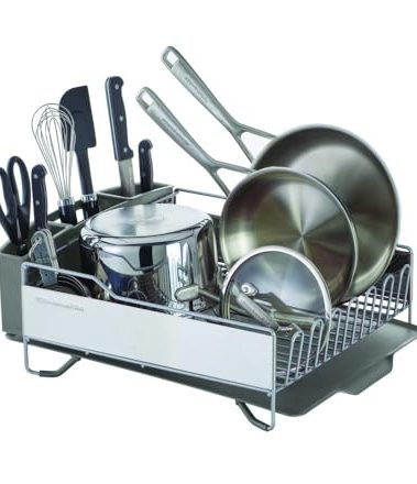 KitchenAid Large Capacity Full Size Rust Resistant Dish Rack with Angled Drain Board and Removable Flatware Caddy, Light Grey