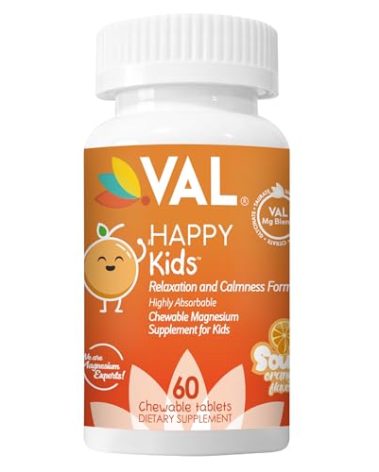 VAL Kids Magnesium | Calm + Focus Formula | 100mg Mg (Glycinate, Citrate, Taurate) + B6, D3, C | Sugar-Free, Non-GMO | Fun Chewable Tablets | Orange Flavor | 60 Ct
