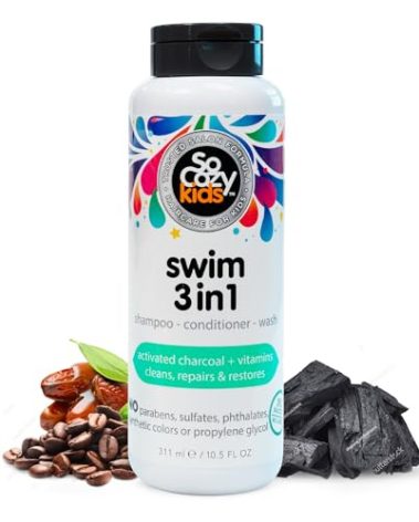 SoCozy Kids Swim 3-in-1 Shampoo, Conditioner & Body Wash - 3-in-1 Combo Pool Shampoo & Conditioner for Swimmers - Salt & Chlorine Removing Activated Charcoal