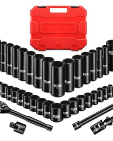 BLACKROBOT 3/8" Drive Impact Socket Set, 45 Pieces Standard SAE (1/4" to 3/4") and Metric (6-22 mm), 72-Tooth Ratchet Handle, 6" Extension Bar, Adapters, Universal Joint, Spark Plug Socket