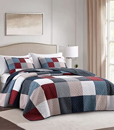 Chezmoi Collection Henry 3-Piece Modern Patchwork Quilt Set - Solid Polka Dot Striped Coverlet - Pre-Washed Cotton Lightweight Reversible Bedspread, King Size