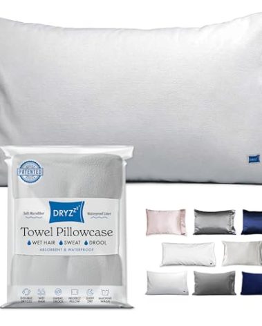 DryZzz The Waterproof Pillow Covers | Double Sided Towel Pillowcase for Wet & Dry Hair | Waterproof Pillow Protector Cooling Case 29"x19" White Standard Size, Hair Drying Sweat Proof Pillowcase, 1pc