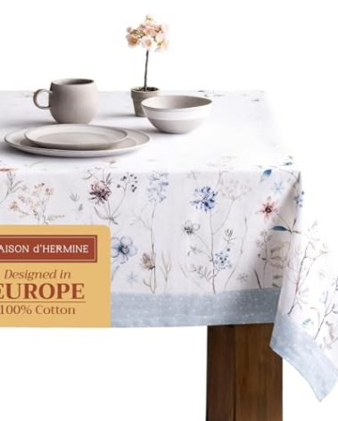 Maison d' Hermine Table Cloth Rectangle Table 100% Cotton 60 x 120 Inches Fall Tablecloth Reusable Everyday Use for Thanksgiving Christmas Decorations Dining Farmhouse Party (Ice Florals)