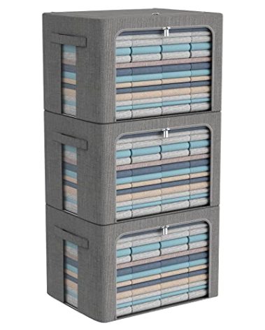 CYhom 3Pack Foldable Storage Bins - Frame Storage Box Linen Fabric Stackable Clothes Container Organizer with Clear Window & Carry Handles Large Capacity (Large-66L, Dark Gray)