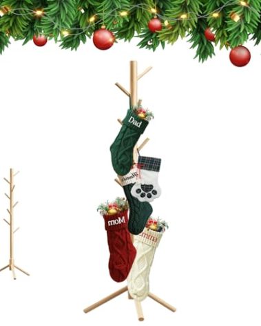 Profully Christmas Stocking Holder Stand, Wooden Christmas Hangers Stand for Hanging Christmas Stocking, 8 Hooks Natural