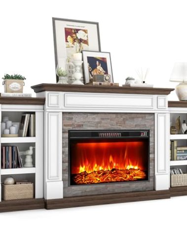 80" Fireplace TV Stand for TVs Up to 90 Inch, Electric Fireplace with Mantel, Farmhouse Entertainment Center with Storage, Realistic Stacked Stone Surround with Remote Control for Living Room