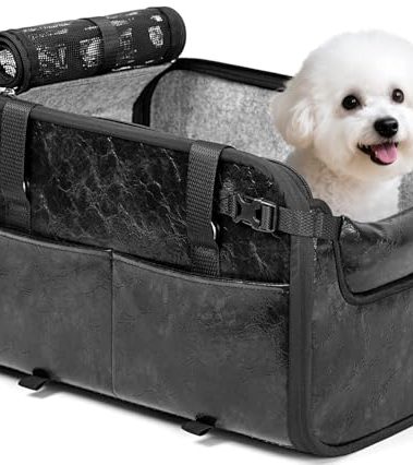 YUDODO Large Dog Car Seat for Center Console (Width >9in) Fits 0-20lbs Portable Travel Pet Car Seats with Safe Protective Hooks, Anti-Slip Pet Armrest Booster Seat, Premium PU Leather (Black)