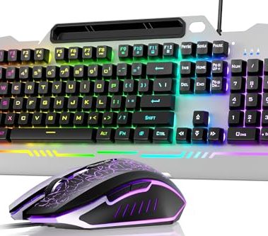 AULA Keyboard, T102 104 Keys Gaming Keyboard and Mouse Combo with RGB Backlit Number Pad, All-Metal Panel Waterproof Light Up PC Keyboard,USB Wired Computer Keyboards Gaming for Win XP/7/8/10 PC Gamer