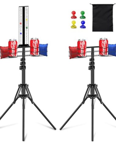 Lokuc 2 Sets Cornhole Scoreboard with Drink Holder, Height Adjustable Foldable Cornhole Score Keeper with Storage Rack Includes 4 Magnets, 1 Storage Bag, Suitable for Outdoor Yard Games