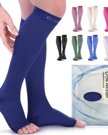 Doc Miller Open Toe Compression Socks, 20-30 mmHg, Toeless Compression Sleeves for Legs, Knee High Stockings for Shin Splints, Varicose Veins, Travel, Calf Support & Muscle Recovery, Men & Women, Pair