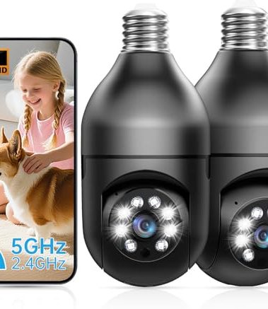 2K Light Bulb Security Camera Outdoor 2 Pack - 5G& 2.4GHz Wireless Motion Detection Cameras for Home Security,Two Way Talk,Full Color Night Vision, Audible Alarm, Easy Installation